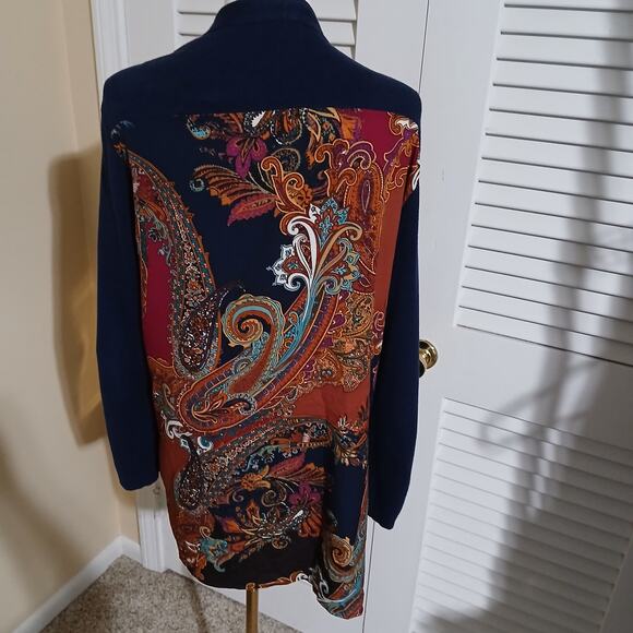Chico's Sz3 US XL Navy Open Long-sleeved Cardigan Sweater Printed Crepe Back - Picture 3 of 7